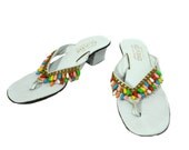 1970s Filipinas Beaded Sandals - High Heel Flip Flops - White Rainbow Beads - Resort Shoes - Size 8