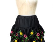 1990s Anna Sui Floral Skirt - Tiered Skirt - Embroidered Hem - Elastic Waist - Size Medium