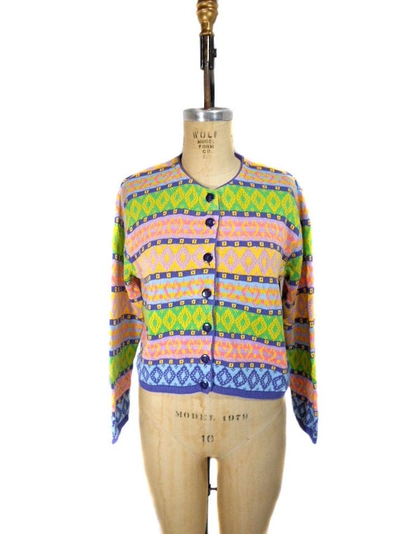 1980s United Colors of Benetton Cardigan Sweater / Colorful / Button 