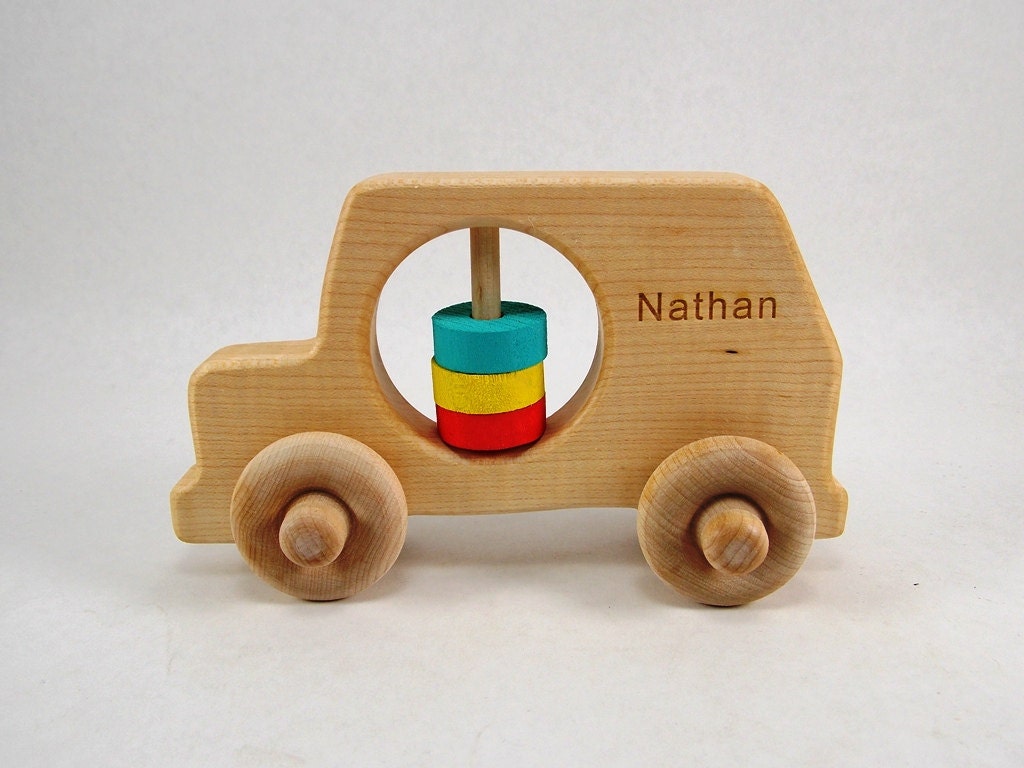 PERSONALIZED Rattle and Roll Wooden Toy Car - Organic Rattle and Wooden Car in One