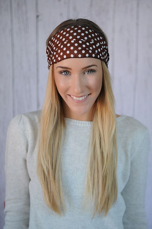 Brown Polka Dot Head Wrap Stretchy Headband Head Scarf Women's wide hair band urban turban head wrap headband