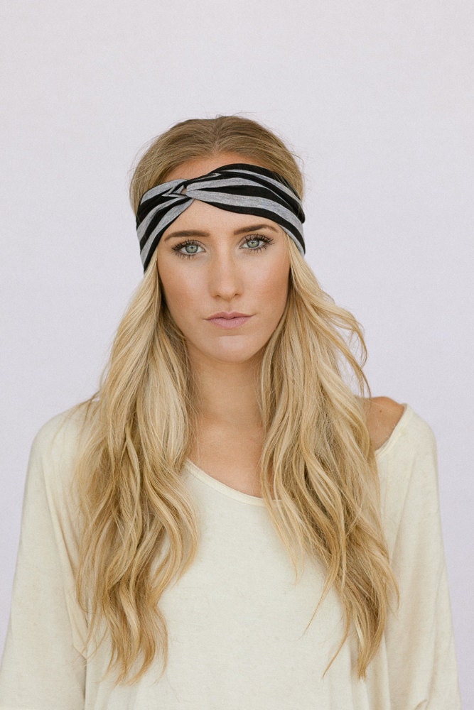 Turband Headband Black & Gray Turban Twist Headband Thin Style Turband Women's Hair Accessory (HB-THN100C)