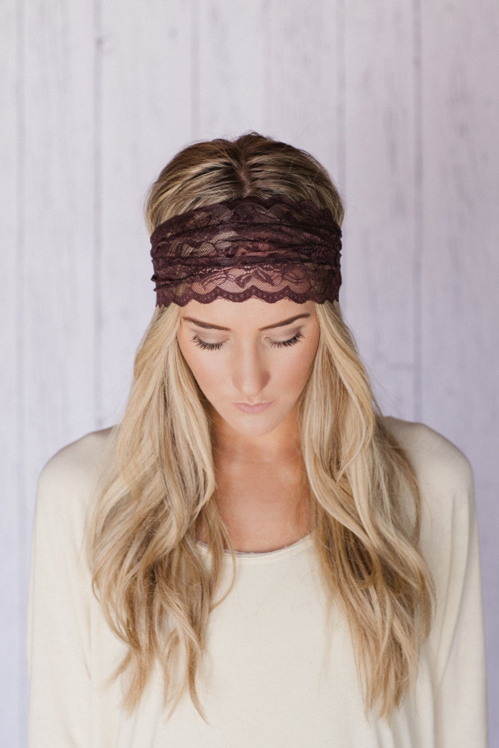 Mocha Sheer Lace Headband with Tapered Cut and Scalloped Edge - Sheer Simplicity Headband