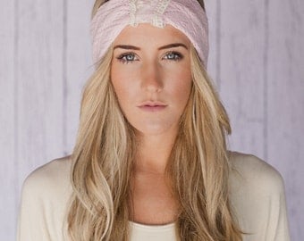 Lacy Headband in Bubble Gum Pink Summer Knit Headband Hair Band Open With Vintage Lace in Pink