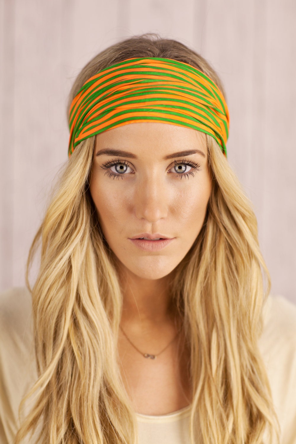 Striped Headband Green and Tangerine Striped Hair Band Stretchy Women's Fashion Hair Accessory by Three Bird Nest