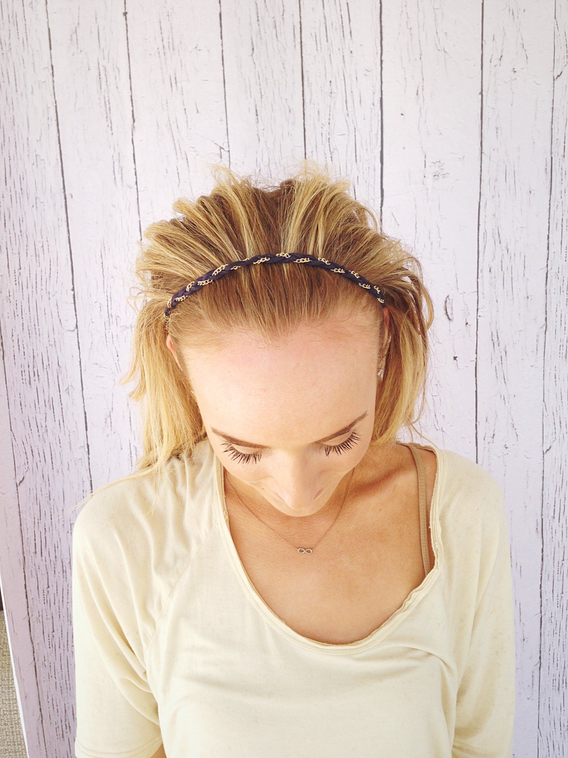 Braided Headband Chain and Leather Braided Headband Elastic Stretchy Fit Hair Band Headband Fashion Hair Accessory in NAVY BLUE