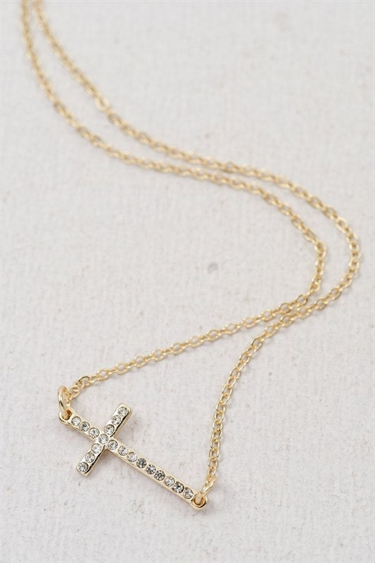 GOLD Sideways Cross Necklace with CRYSTAL Accents Horizontal Cross Rhinestone Necklace