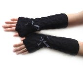 Knit Boho Fingerless Long Gloves in Black with Cable Knits, modern dark long gloves, womens knit mittens, knit mitts with bow, gifts for her