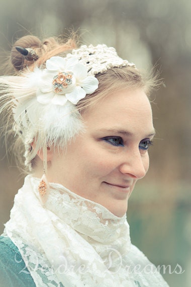 1920s Flapper Bridal Headdress - Gypsy Bridal Headdress - Crochet Headband - Feather Headpiece - Polymer Clay Flower Button - Great Gatsby