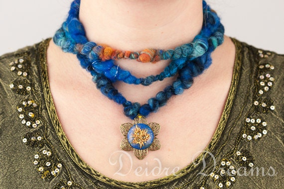 Pagan Tribal Fusion Hippie Boho Gypsy Chic Statement Art Yarn Necklace Gold Blue - Polymer Clay Flower Pendant - Art Yarn Fiber Jewelry