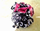 Drawstring Jewelry Pouch / Travel Jewelry Organizer / Cosmetic Organizer / Fabric Gift Bag / Black and White Design Carnation Pink Inside