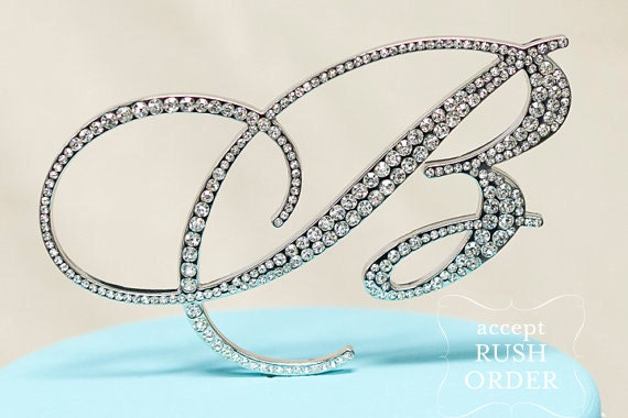 A-Z Initial Wedding Cake Toppers in Elegant  Script Letter Style with the Fine Set-In Rhinestones