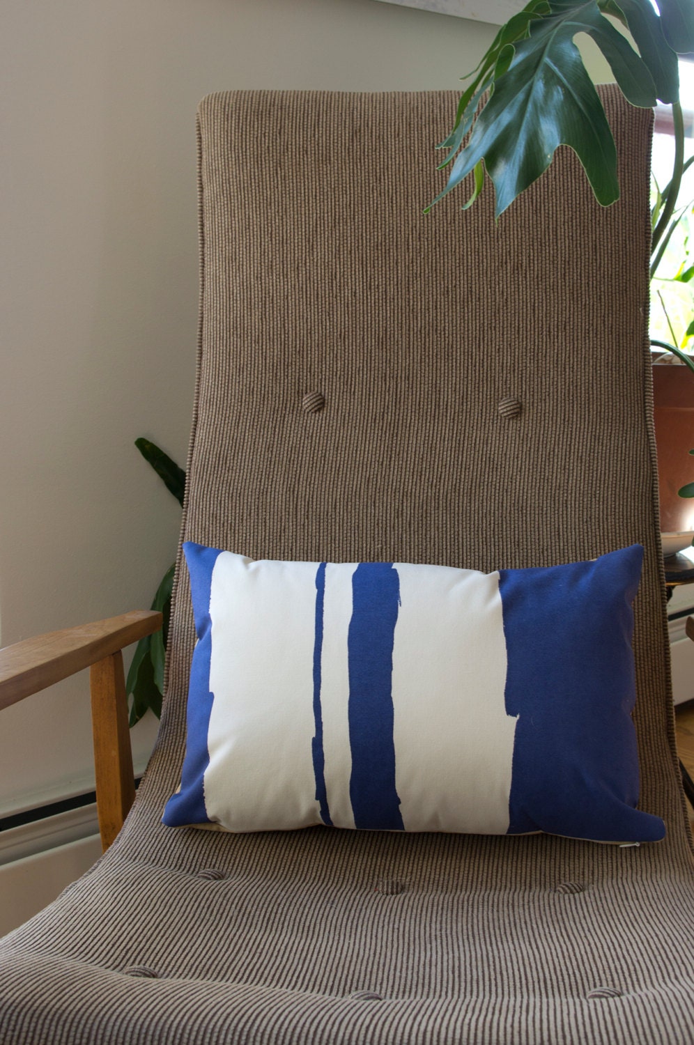 Lumbar Painted Stripe Hand-Printed Pillow Cover in Navy Blue