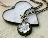 Mothers Day, Immediate Ship, White Flower, Carved Floral Mother-of-Pearl Button Necklace, Pearl, antique button jewelry, mother of pearl