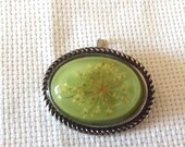 Vintage Resin Brooch Pendant, Dried Flowers, Green, Costume Jewelry