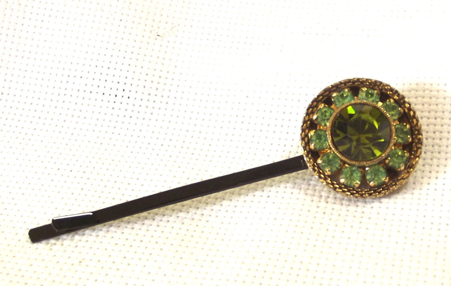Repurposed Bobby Pin, Vintage Earring, Green Rhinestone, Retro Hair Pick, Bridal Hair Pin, Hair Jewelry, Costume