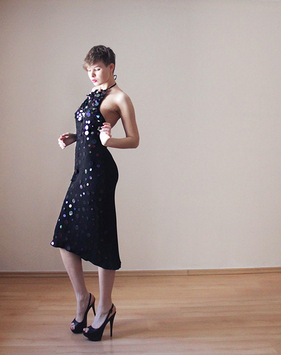 Black iridescent sequin evening dress