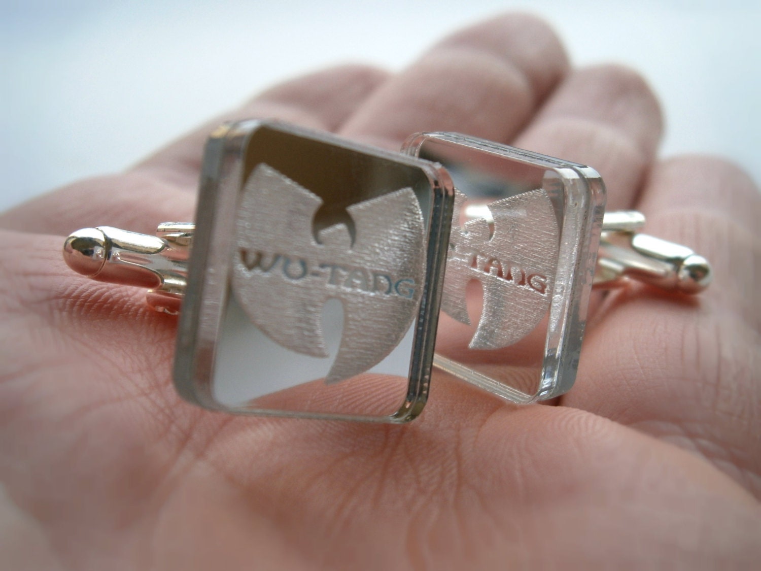 Sale 20% - Wu Tang Cuff  Links, Engraved  And Lasercut Rectangle Mirror plastic  , Wu tang cufflinks 0,7 inches  (18 mm )
