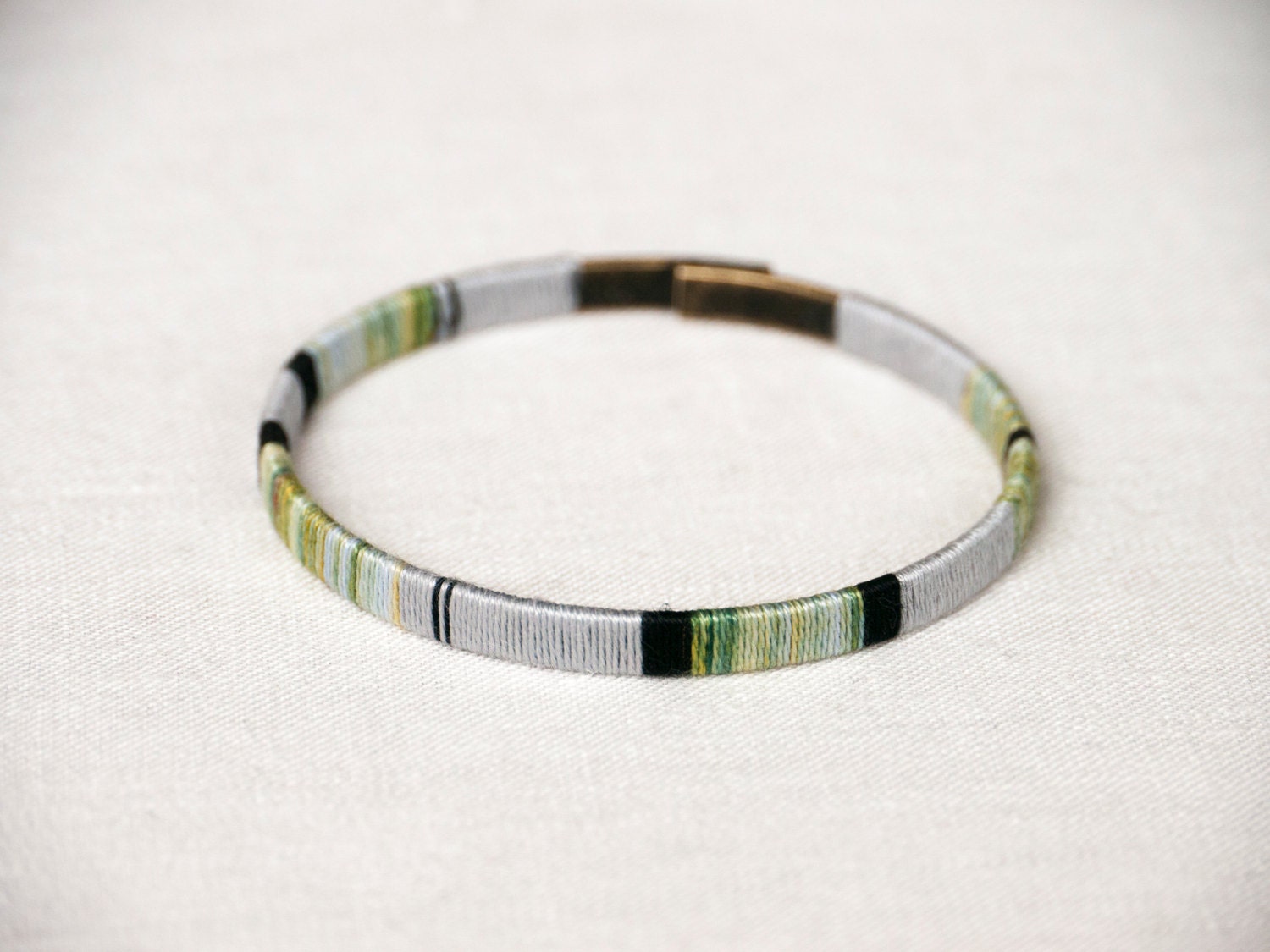 Thread wrapped bangle Tribal bracelet in green, grey and black