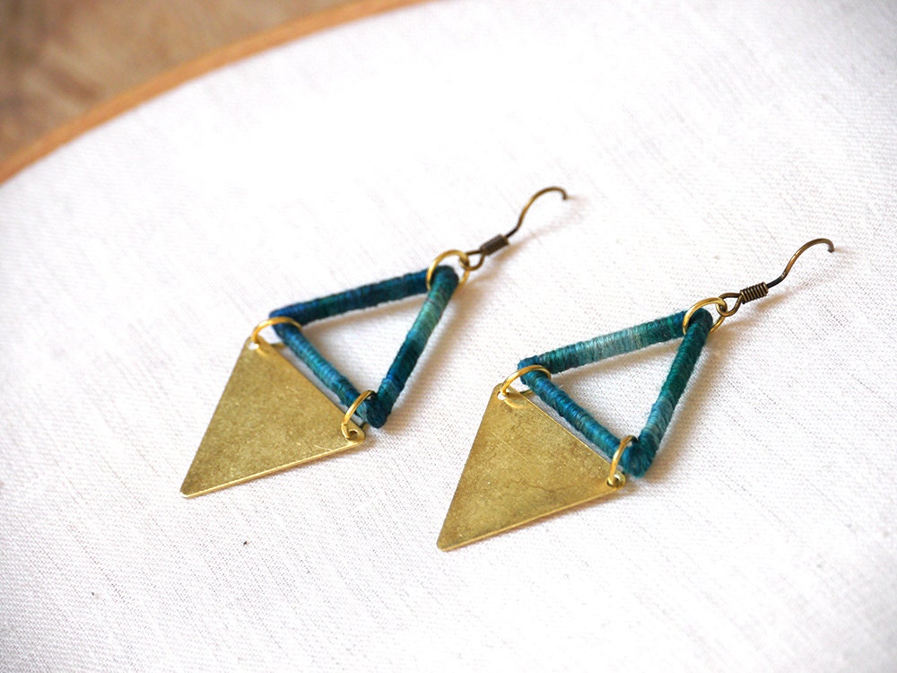 Triangle Earrings - brass and green dyed thread