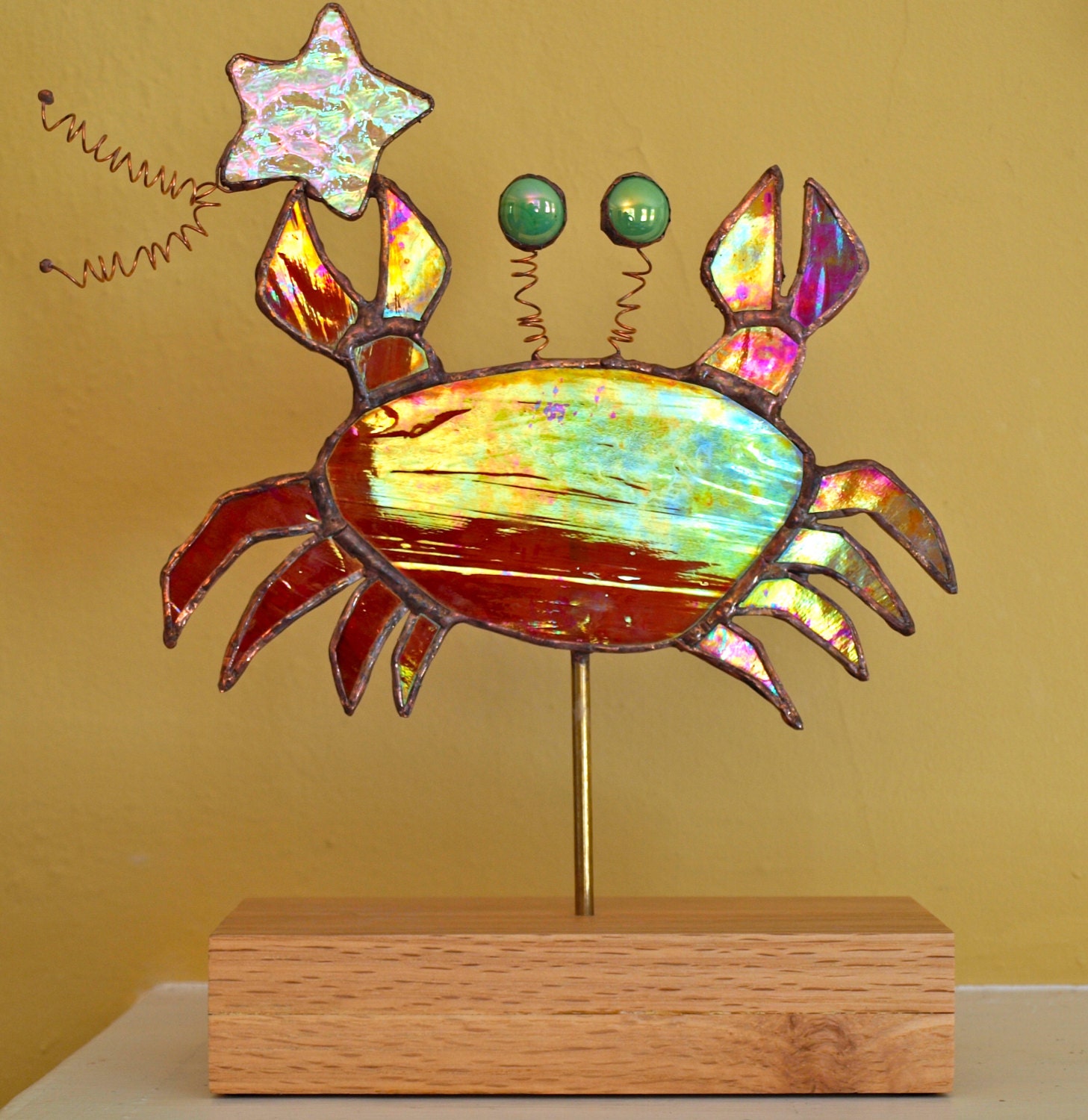 Whimsical crab with shooting star -  stained glass sculpture