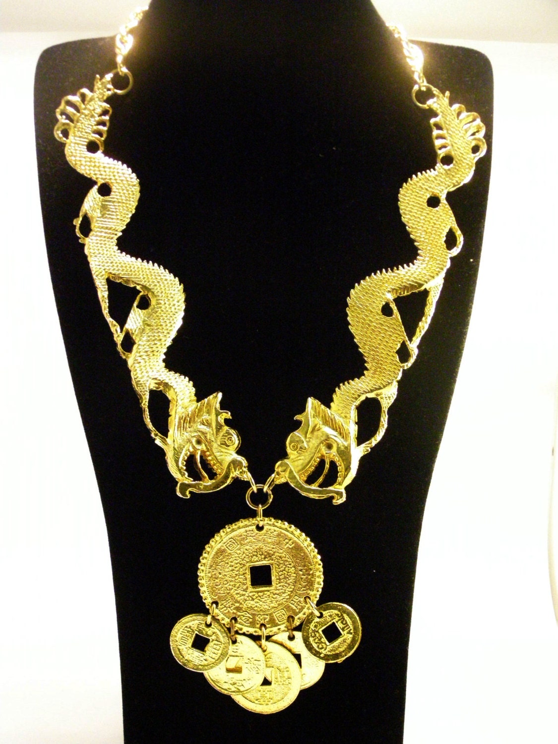 Rare Vintage Kenneth Jay Lane Double Dragon with Dangling Coins Necklace