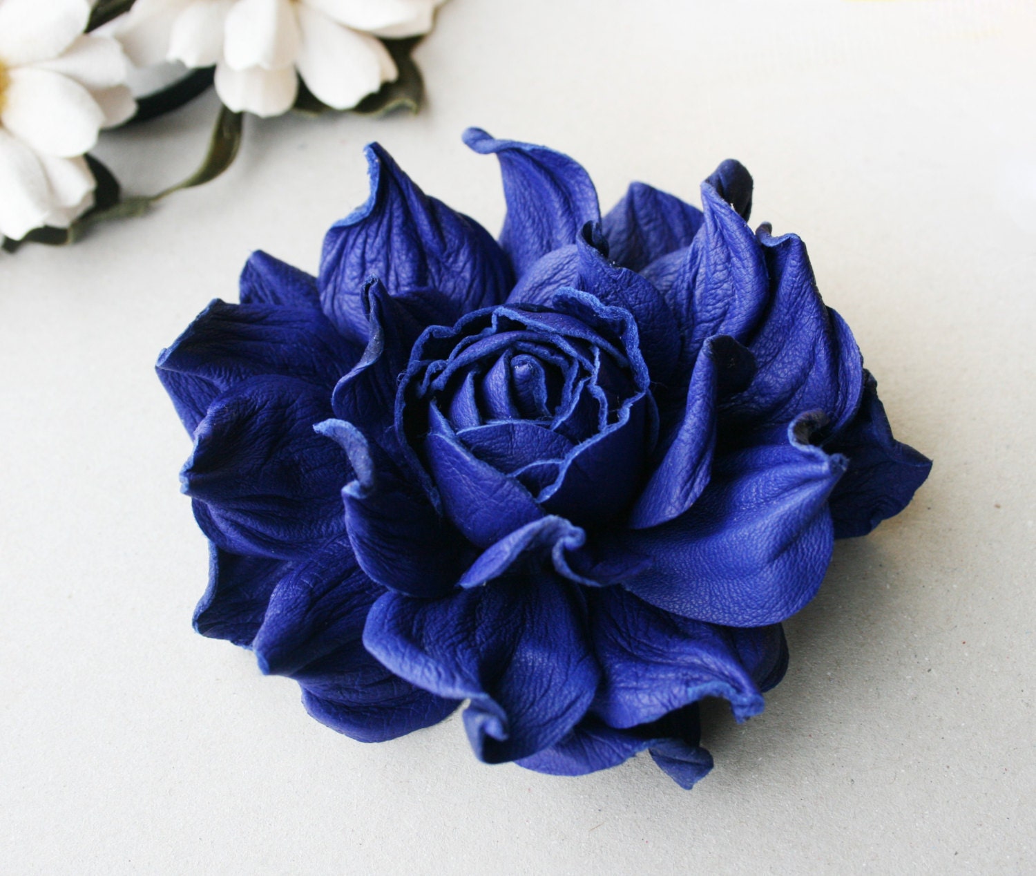 Cobalt Blue Leather Rose Flower Brooch