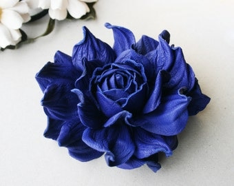 Cobalt Blue Leather Rose Flower Brooch