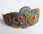 Multicolor RAINBOW soutache statement bracelet colorful handmade embroidery green blue red yellow orange satin strips TOHO oaak gift for her