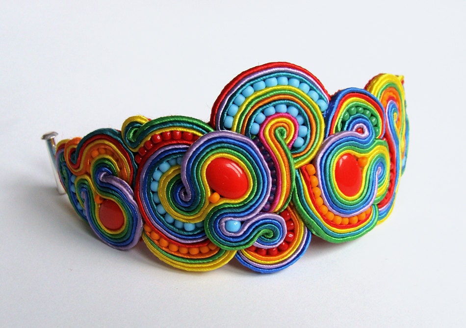 Multicolor RAINBOW soutache statement bracelet colorful handmade embroidery green blue red yellow orange satin strips TOHO oaak gift for her