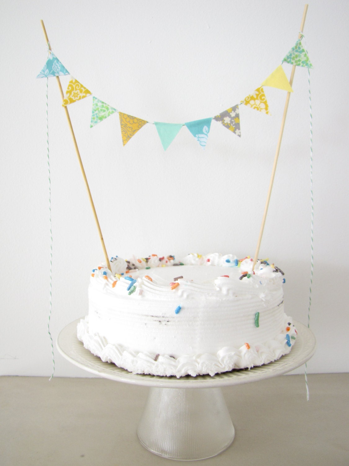 Fabric Cake Topper - Bunting Decoration - Wedding, Birthday Party, Shower Decor in golden yellow grey green aqua blue floral summer sunshine