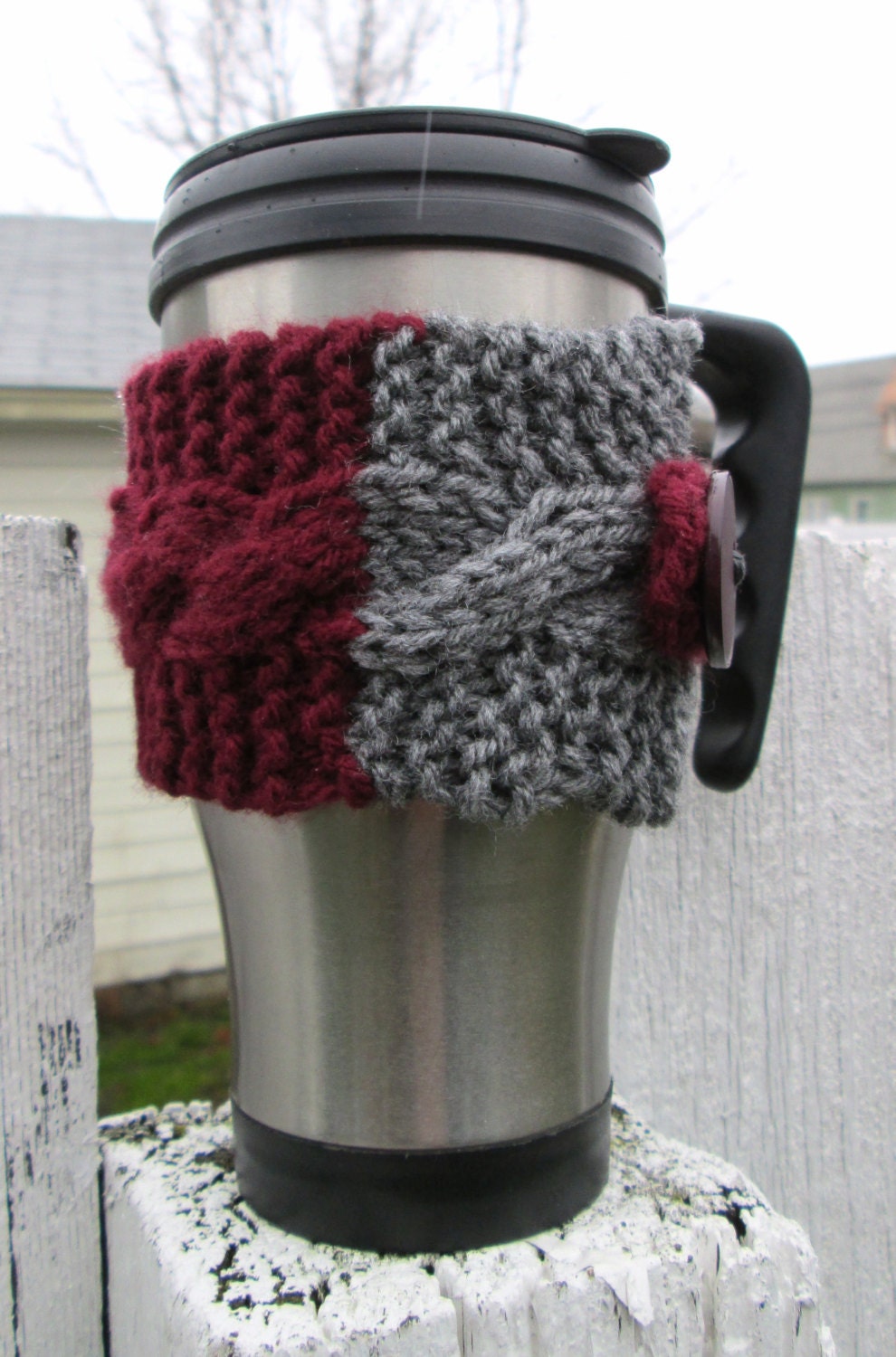 Cabled Coffee Cozy Gray Crimson with Button - Made to Order