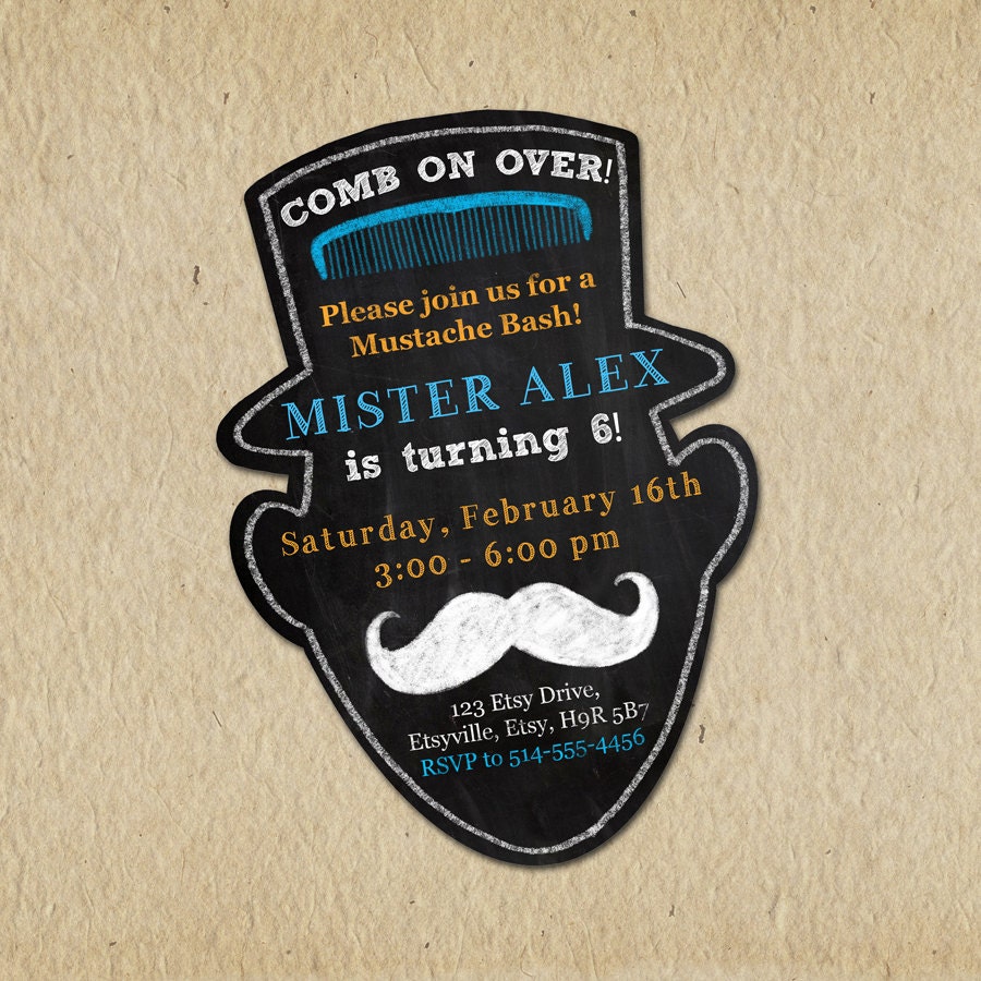 Mustache Bash Birthday Invitation - Comb on Over - Vintage Inspired - Blackboard Silhouette, Lil Mister - Custom, Digital, Printable Il_570xn