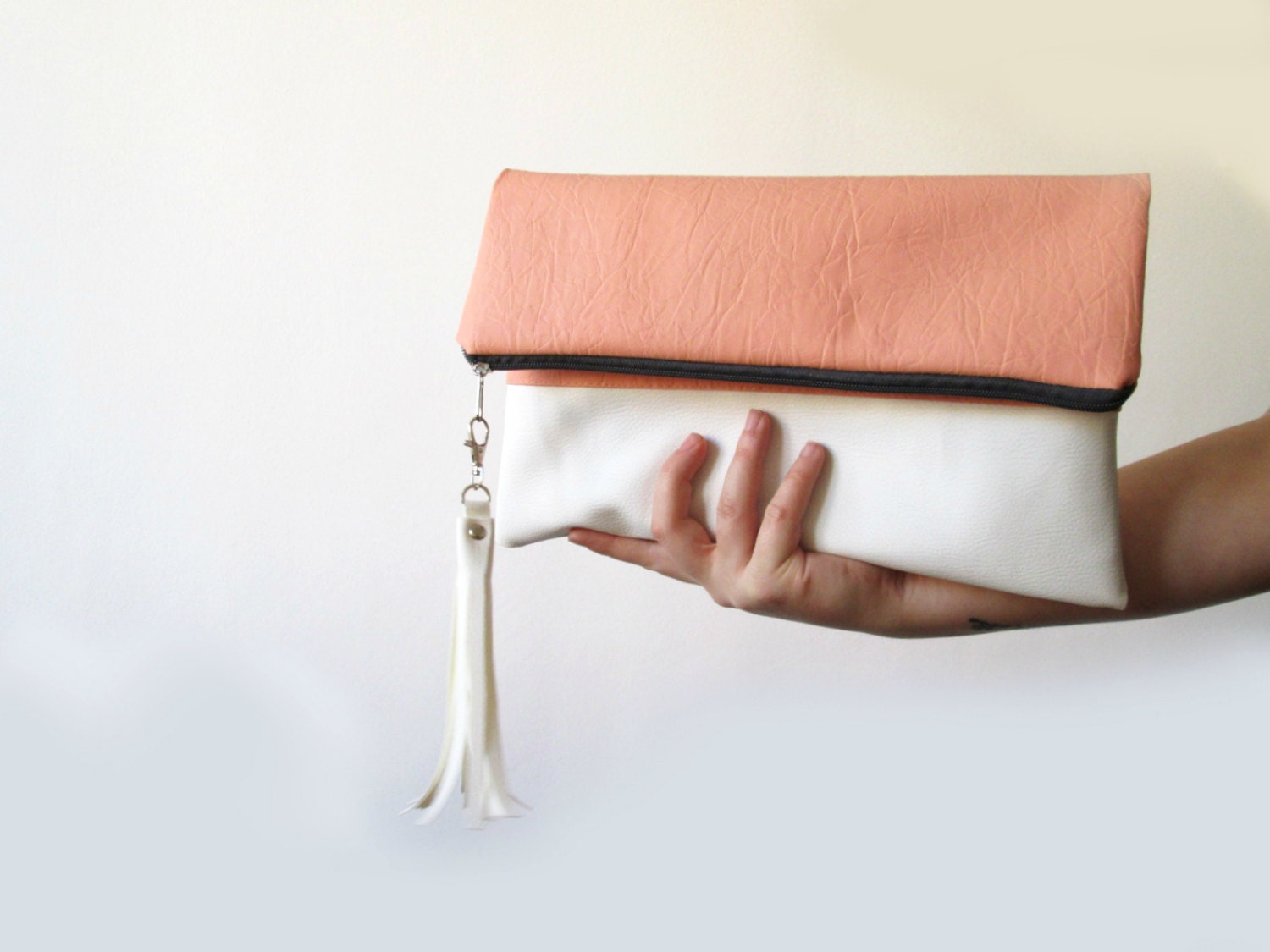 Large Clutch purse, Fold over, Blush , Peach,  Colorblock