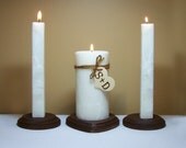 Rustic Unity Candle Set and Wood Candle Holder / Stand for Weddings, Personalized Initial Heart, Monogram