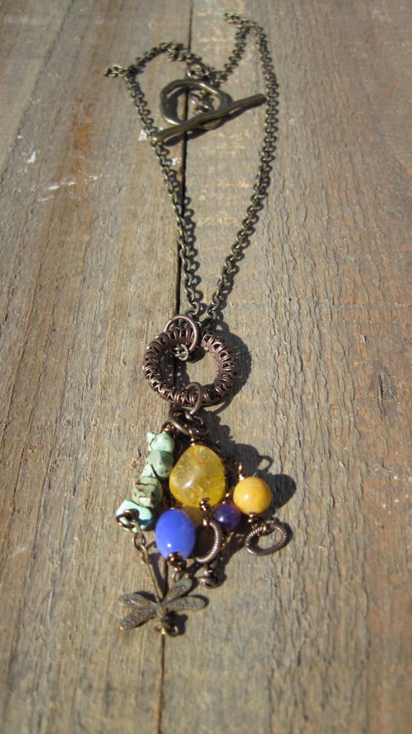 Dragonfly Brass necklace- Amber and Citrine