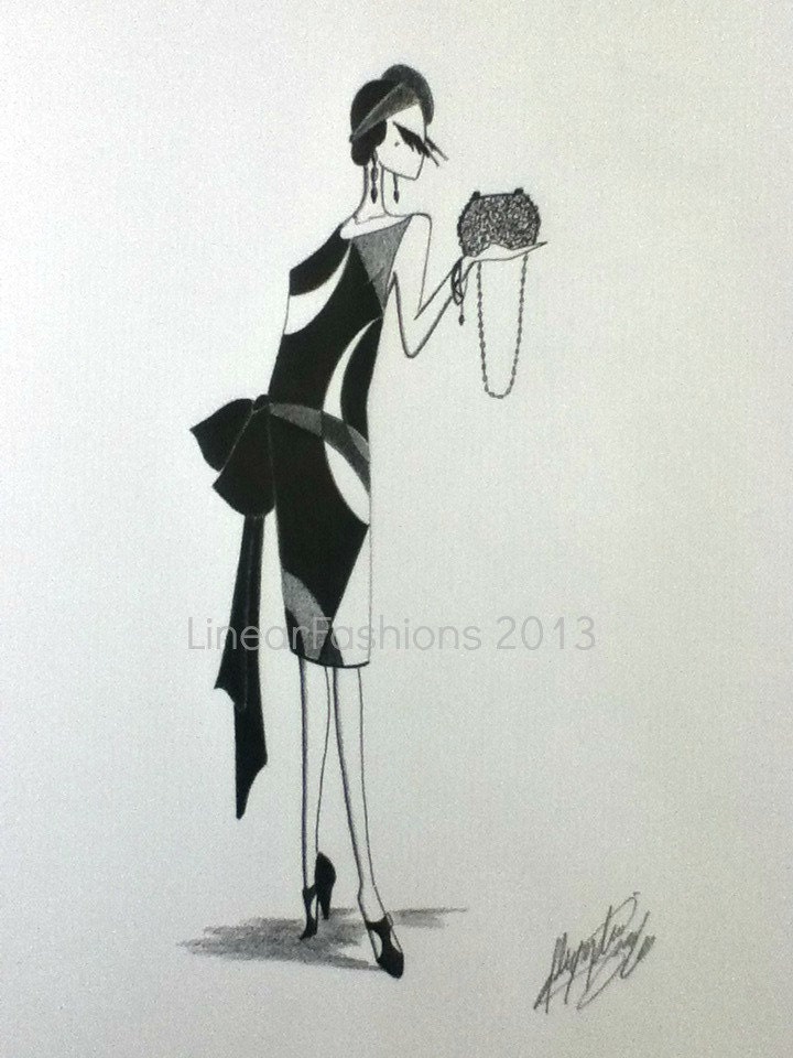 Fashion Illustration, 1920s Flapper, Art Deco, Great Gatsby, Original Pencil Drawing, Art Gift