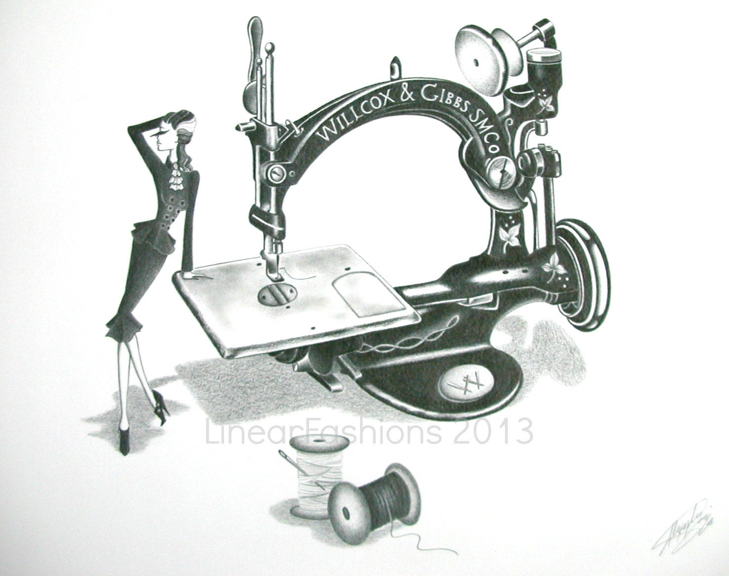 Fashion Art Illustration - giclee print - Willcox and Gibbs Sewing Machine - black and white art -  limited edition print
