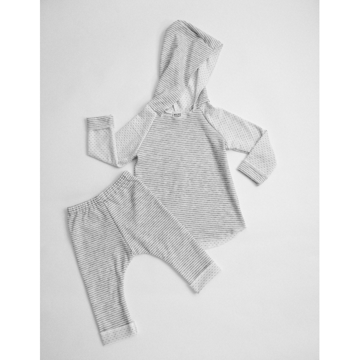 Kids Beach Outfit. Double knit cotton jersey, grey and white stripes and polka dots, raglan sweatshirt, harem style pants