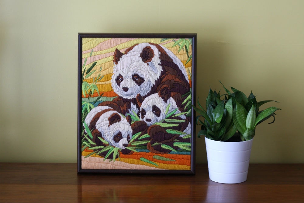 Panda Bears Crewel Needlepoint Beautifully Done