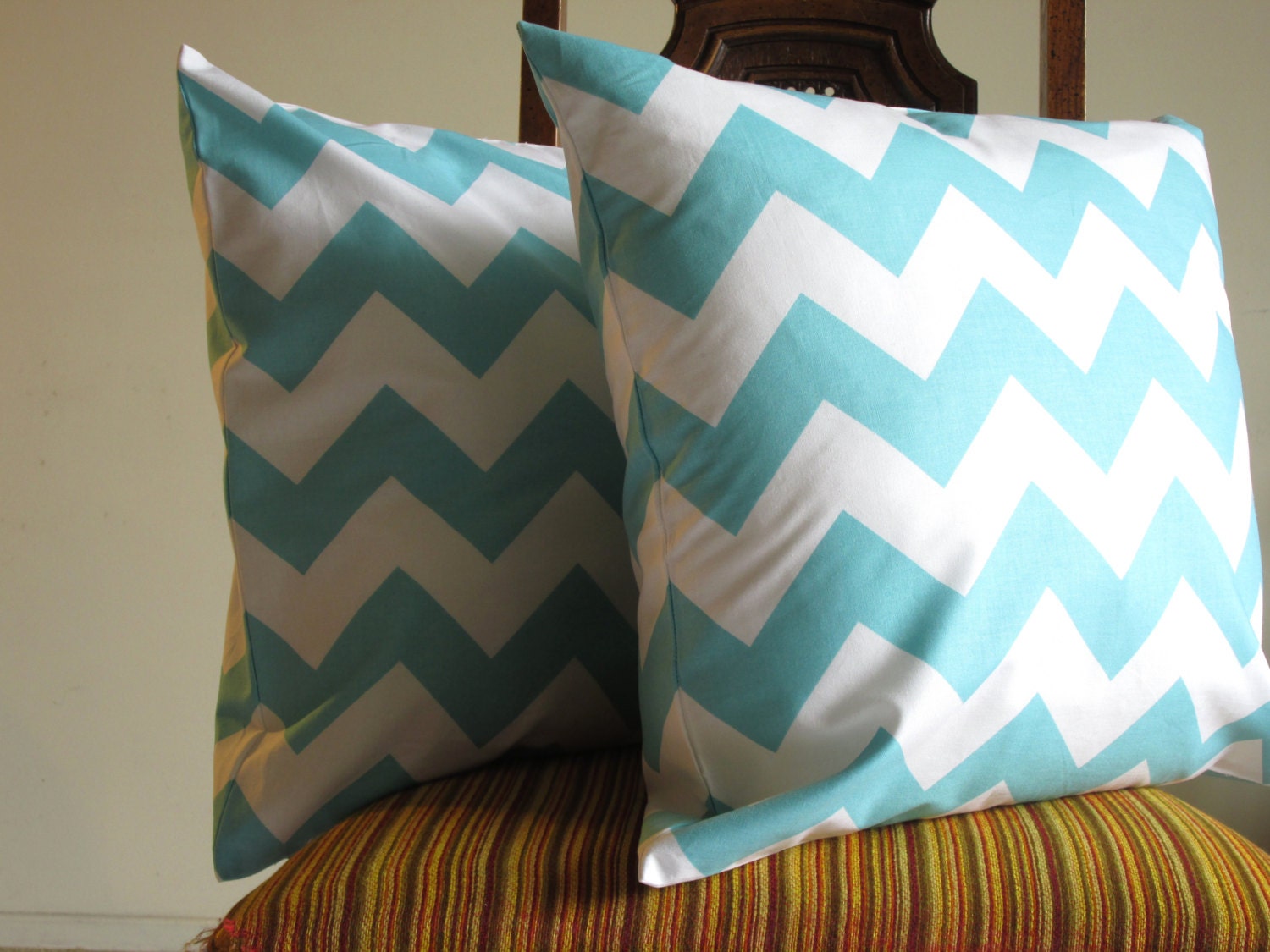 Blue pillow throw 20 x 20 Chevron Decorative pillow modern Aqua Turquoise bold sky blue White  zig zag Riley Blake cotton TWO