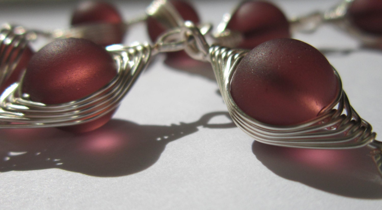 Deep Amethyst Sea Glass And Wire Wrapped Bracelet - Beach Glass, Herringbone Metal Weave, Wire Weave, Artsy, Intricate