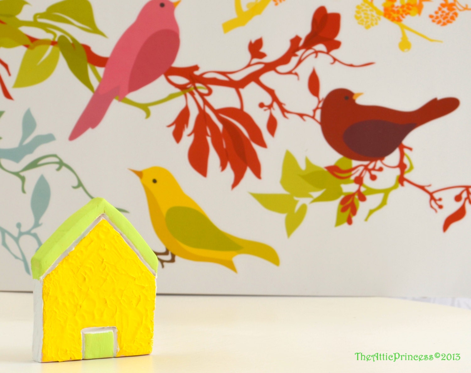Miniature yellow clay house, neon colors, spring summer home decoration