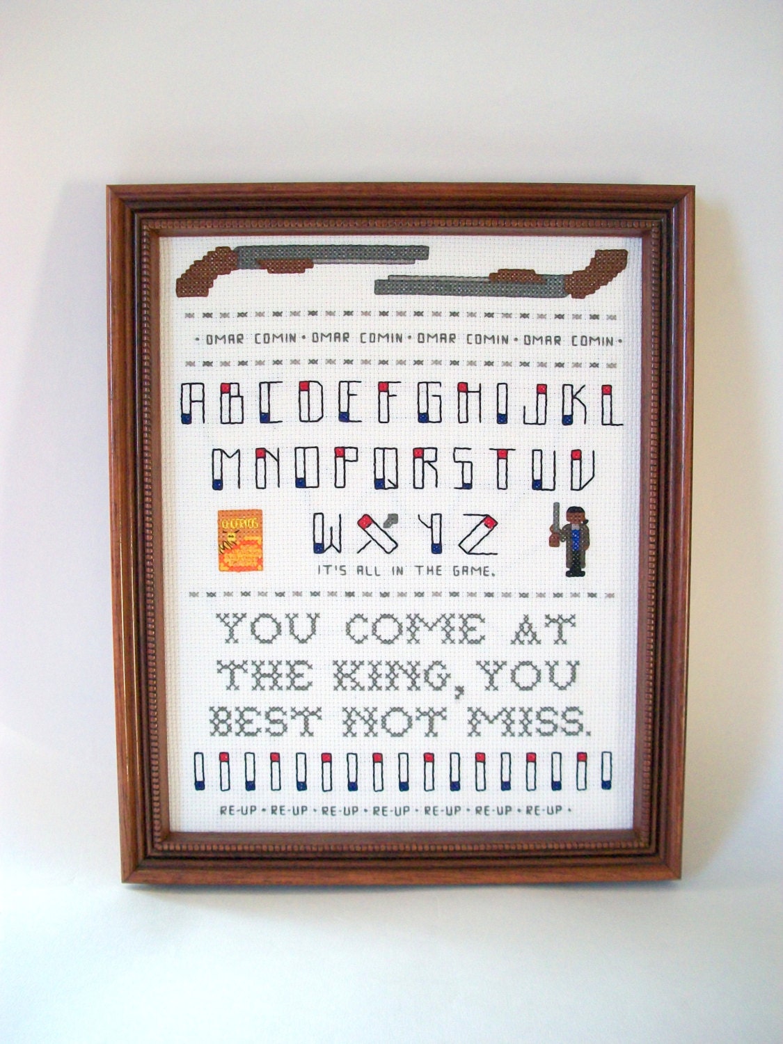 Little Omar cross stitch -- inspired cross stitch sampler, shotguns, heroin alphabet, honey nut oats cereal