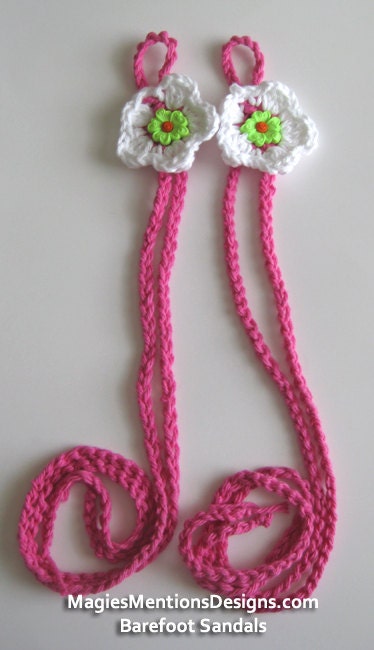 Cotton Fusia White Barefoot Sandals with Green Flower Handmade Crocheted One Size Fits Tweens, Teens and Women
