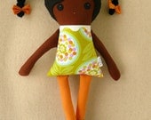 Fabric Doll Rag Doll Black Haired Girl with Braids in Green Geometric Top
