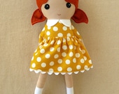 Fabric Doll Rag Doll Red Haired Doll with Yellow and White Polka Dotted Dress