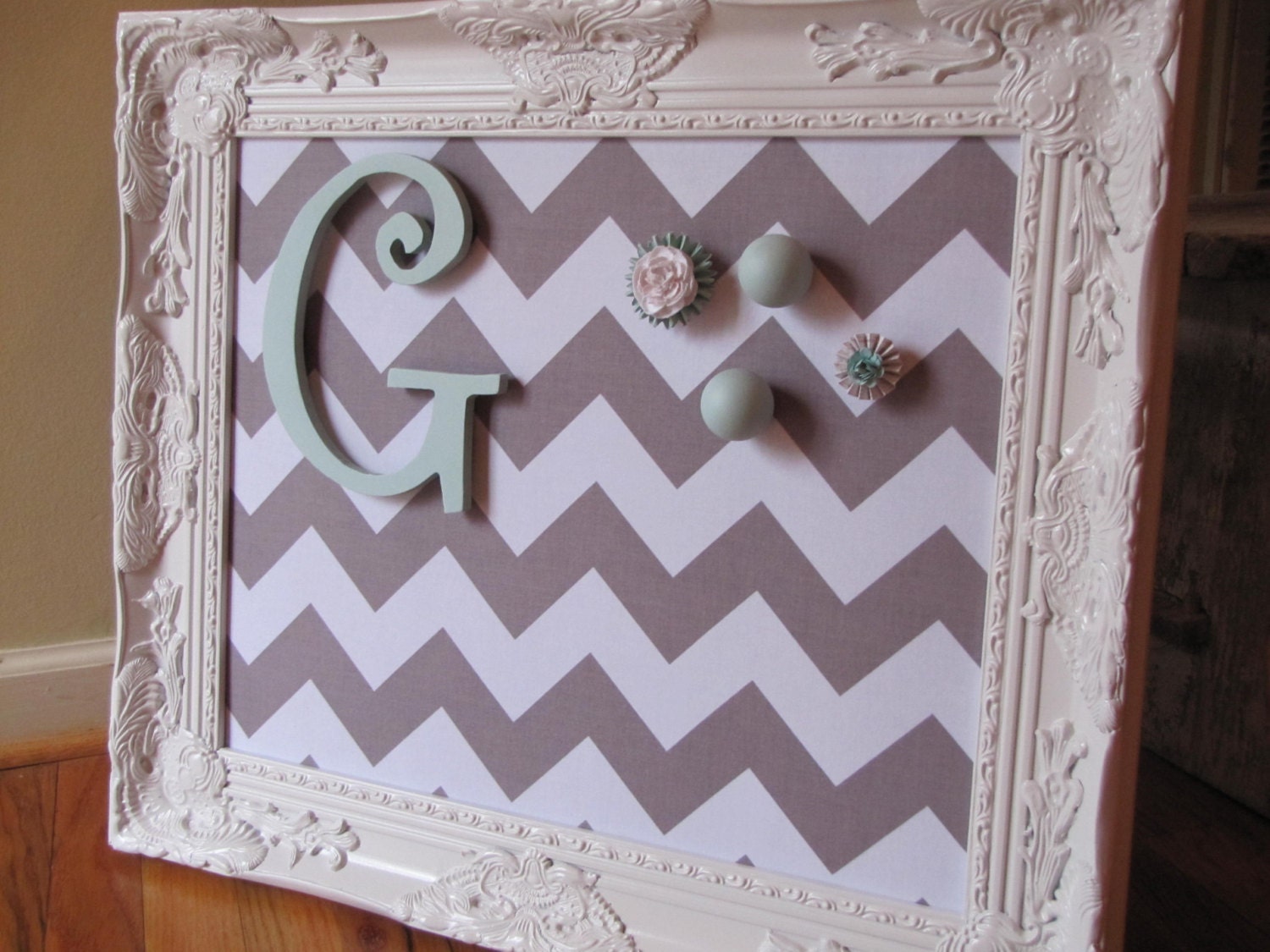 24x30 MEMO BOARD Magnetic Board Wedding Kitchen Organizer Magnet White with Gray Chevron Old Hollywood Style
