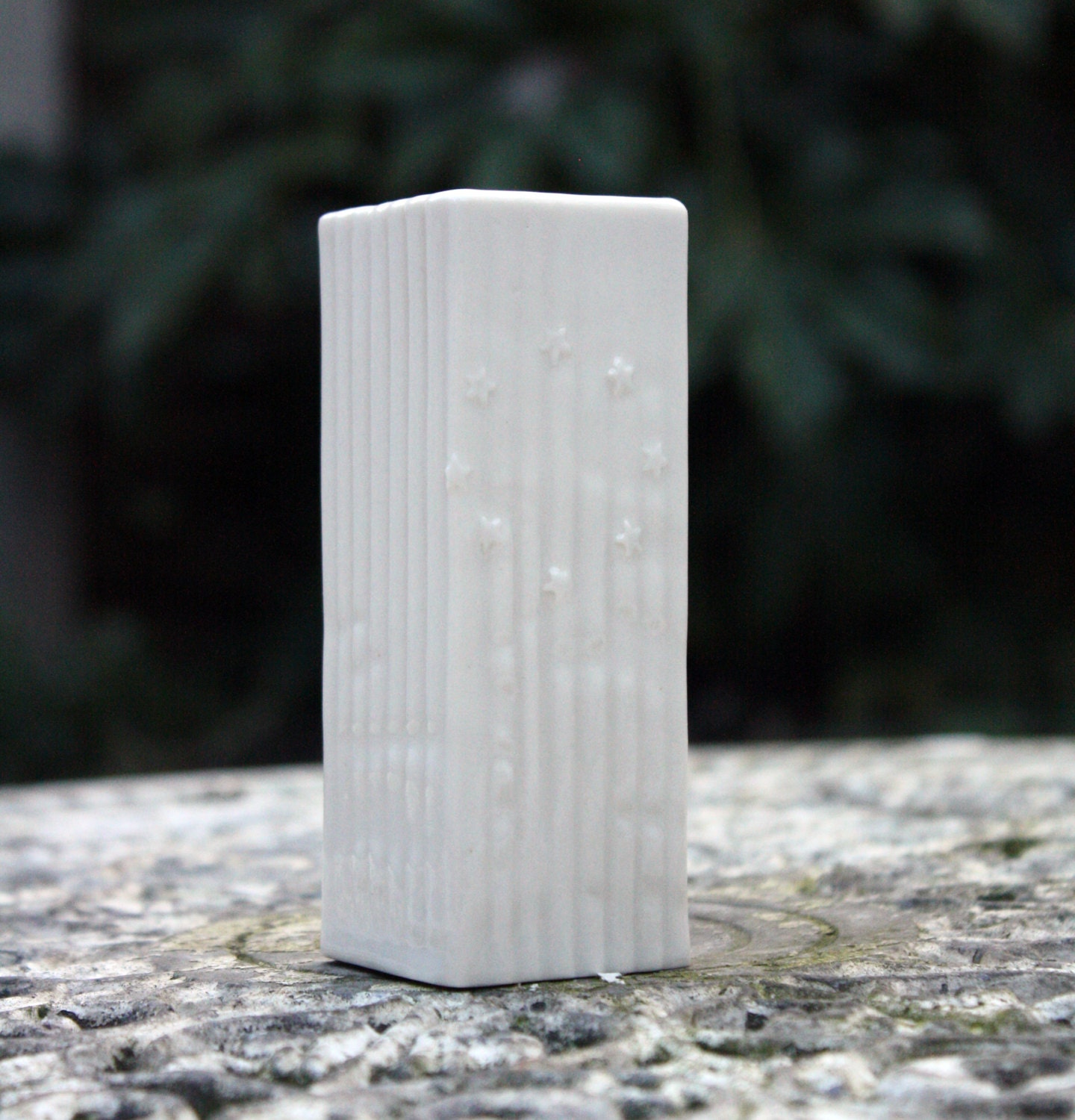 square porcelain vase with textured surface and star decoration