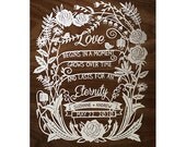 Original Papercut - Customize with Your Words - Floral Love - 8x10 Handcut Paper Art